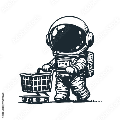 Cute astronaut push a trolley . Black white vector. Icon and logo illustration.