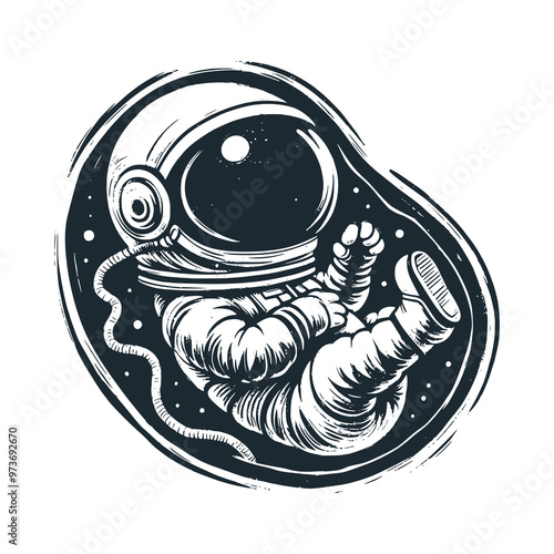 Cute astronaut inside the womb shell. Black white vector. Icon and logo illustration.