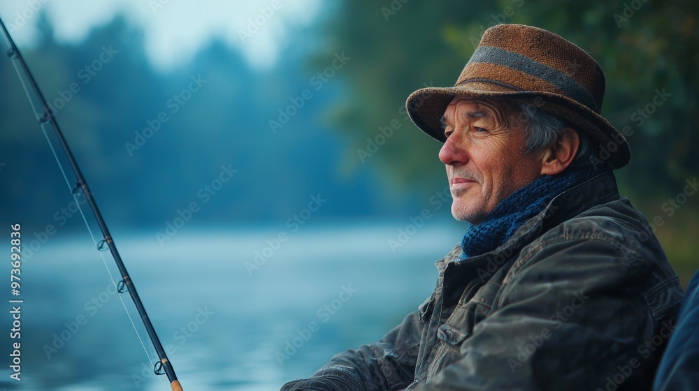 Senior Man Fishing in Foggy Morning Senior Man Fishing in Foggy Morning