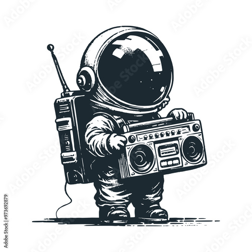 Cute astronaut hold a vintage tape recorder. Black white vector. Icon and logo illustration.