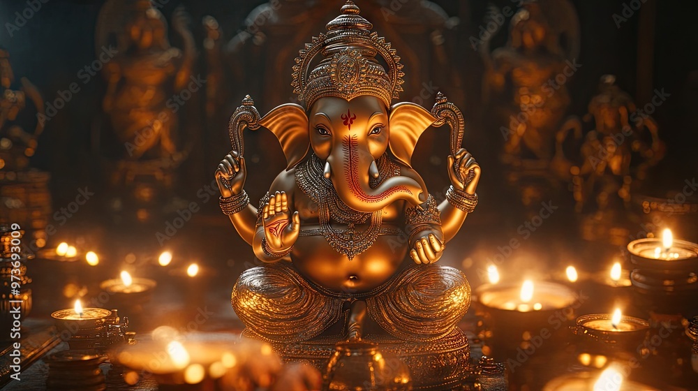 Fototapeta premium Lord Ganesha idol with diya lamps glowing softly around, evoking a divine and peaceful atmosphere.