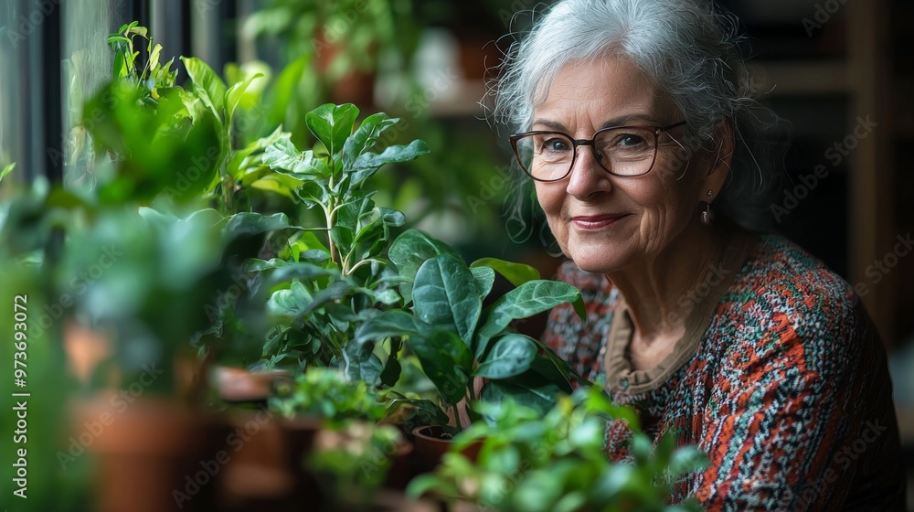 Senior Woman Smiling with Houseplants Senior Woman Smiling with Houseplants