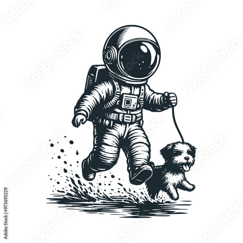  Cute astronaut playing with his dog. Black white vector icon and logo illustration.