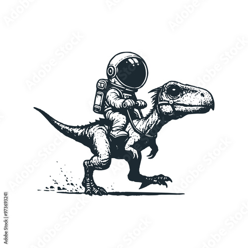 Cute astronaut riding a dinosaur. Black white vector. Icon and logo illustration.