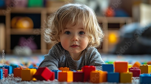 Toddler Playing with Colorful Building Blocks