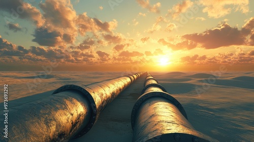 Long oil pipeline cutting through a vast desert at sunset, casting shadows across the sand in a dramatic, expansive scene.