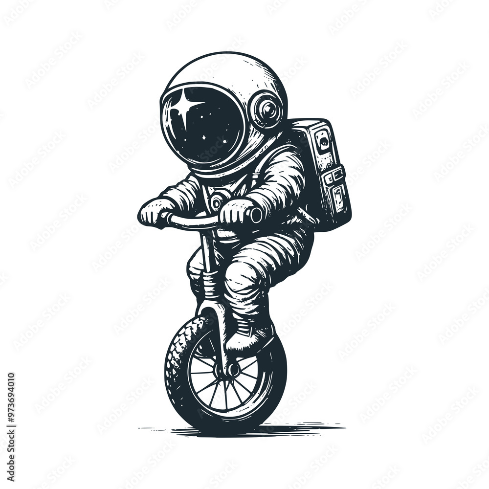 Cute astronaut riding an one wheel bike. Black white vector icon and logo illustration. Cute astronaut riding an one wheel bike. Black white vector icon and logo illustration.
