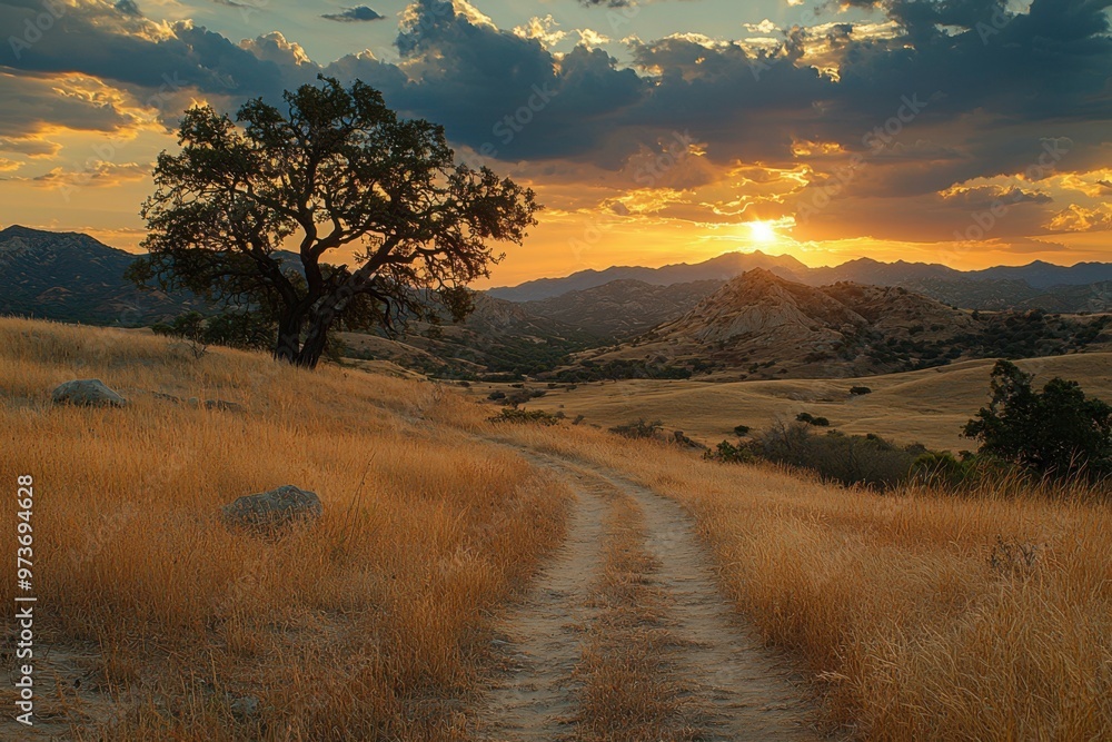 Obraz premium Sunset Over Rolling Hills with a Winding Dirt Road