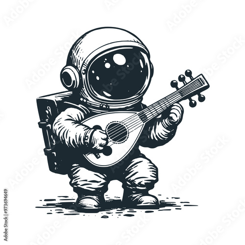 Cute astronaut playing oud arabic guitar. Black white vector. Icon and logo illustration.