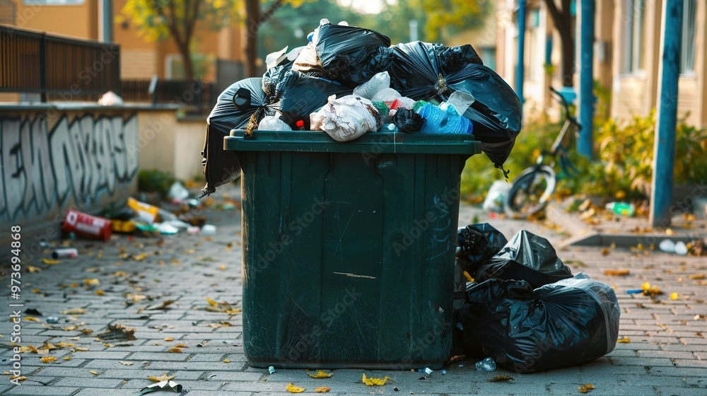 Overflowing Recycling Container with Trash: Full Garbage Bin, Black Plastic Trash Bags, Green Recycle Can – Street Dump Pollution, Bin Container Pile, Trashcan Basket – Vector Illustration Overflowing Recycling Container with Trash: Full Garbage Bin, Black Plastic Trash Bags, Green Recycle Can – Street Dump Pollution, Bin Container Pile, Trashcan Basket – Vector Illustration