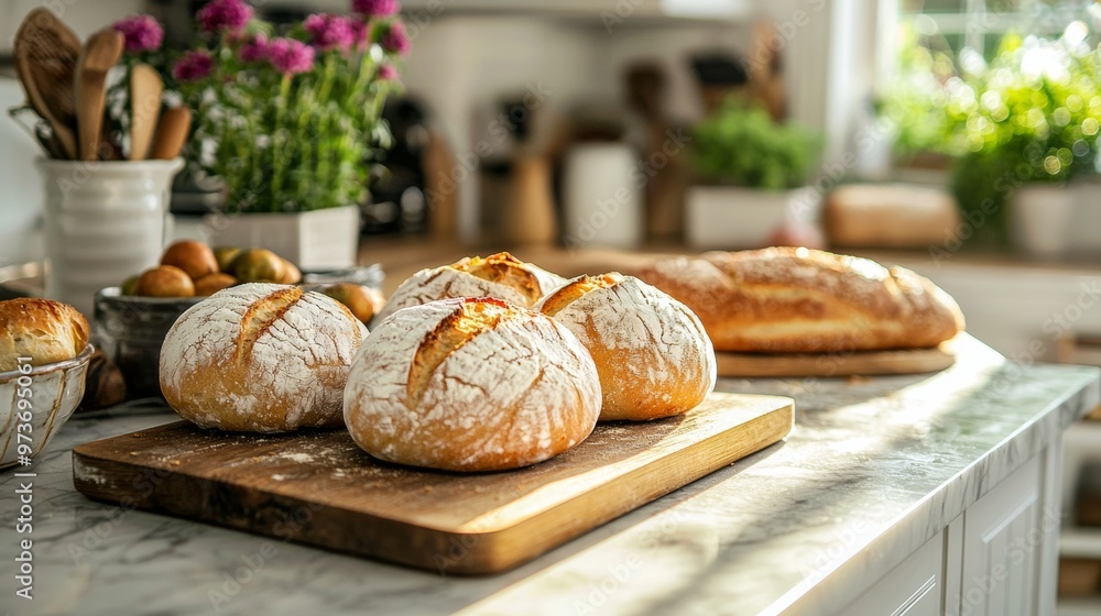 Freshly Baked Artisan Bread on Wooden Cutting Board in Kitchen Freshly Baked Artisan Bread on Wooden Cutting Board in Kitchen