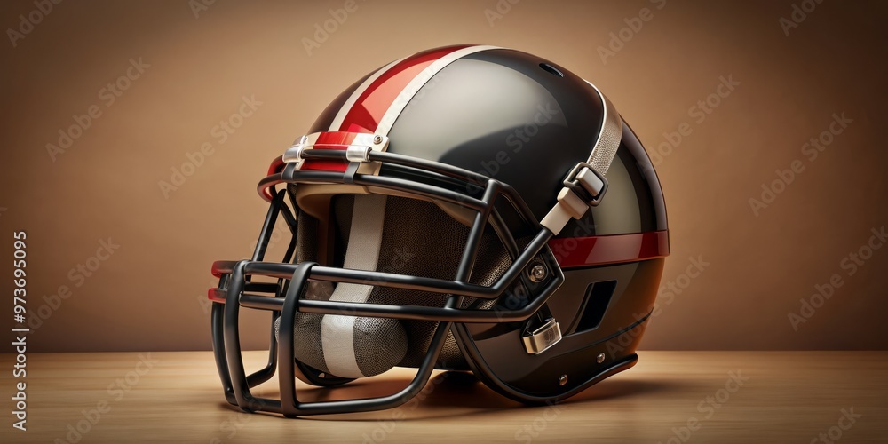 A black football helmet with a silver face mask and white stripes, adorned with a bold, red logo, A black football helmet with a silver face mask and white stripes, adorned with a bold, red logo,