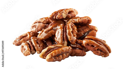 A pile of caramel-coated pecans with a transparent background.