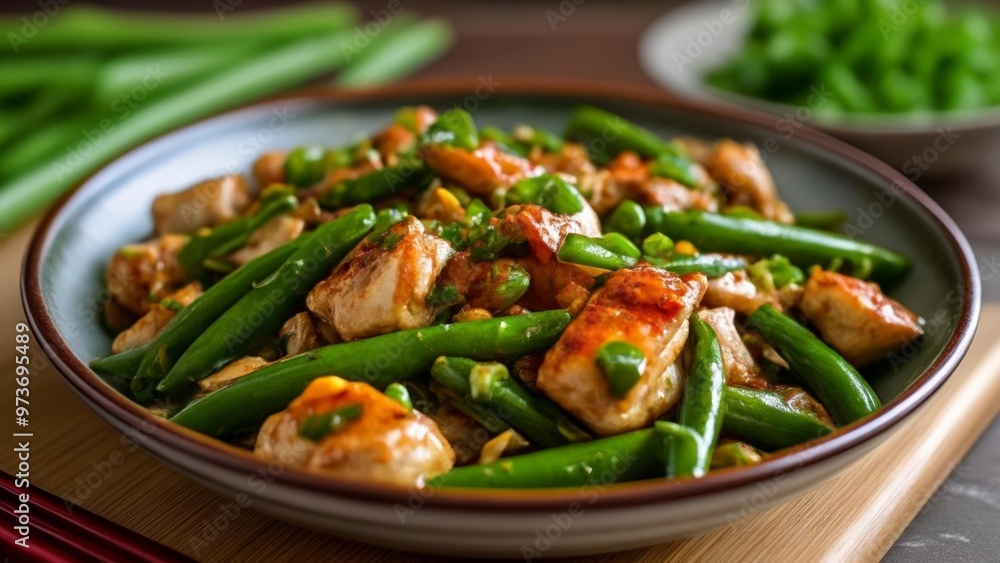 Delicious stirfry with chicken and green beans Delicious stirfry with chicken and green beans