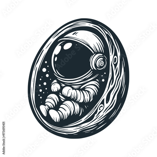 Cute astronaut inside the womb shell. Black white vector. Icon and logo illustration.