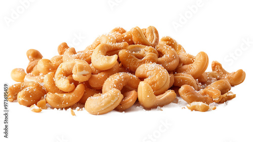 A pile of salted cashews with a transparent background.