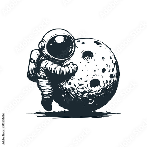 Cute astronaut hold a moon. Black white vector icon and logo illustration.