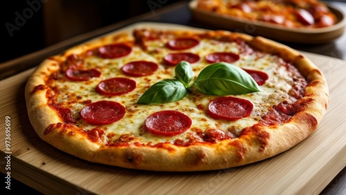  Deliciously baked pepperoni pizza with fresh basil leaves