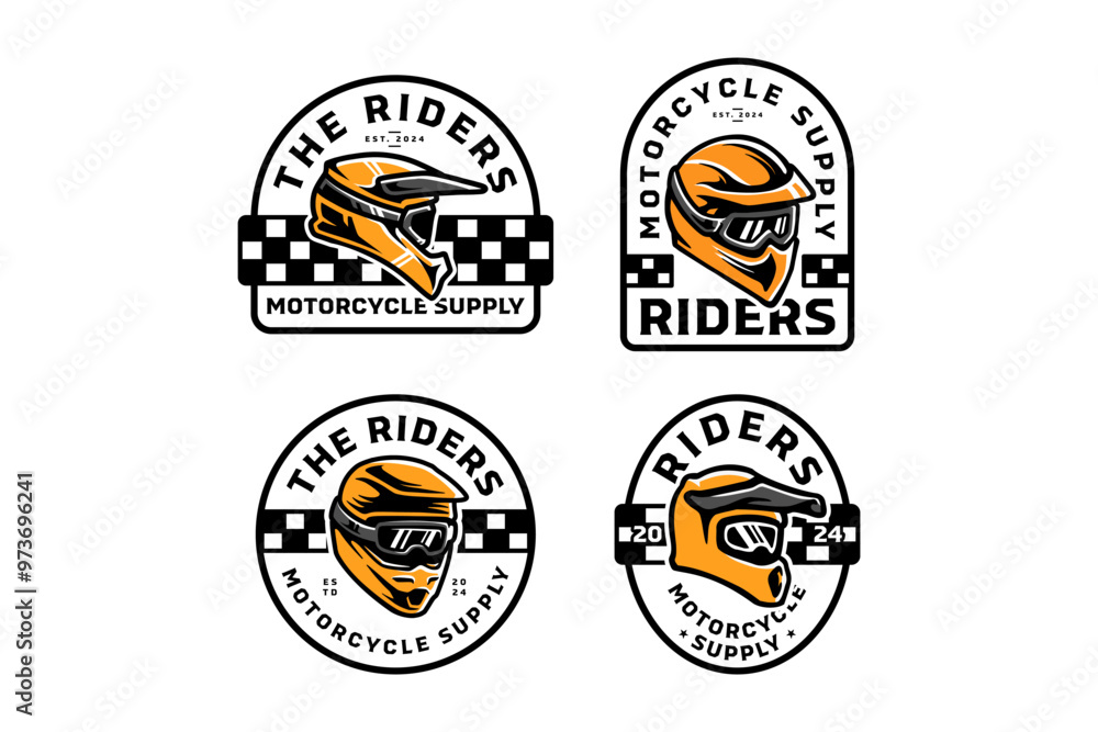 Fototapeta premium racing helmet full face with goggles logo design collection for extreme sport and adventure. riders helmet with glasses emblem logo set. crash helmet safety sport badge logo illustration bundle
