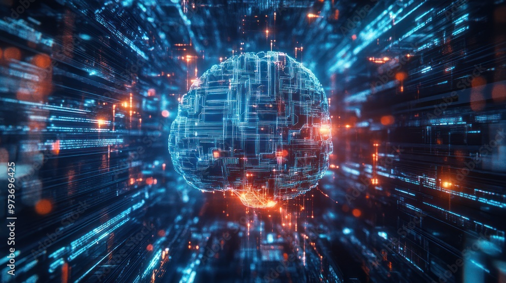 A glowing digital brain in a stream of data. A glowing digital brain in a stream of data.
