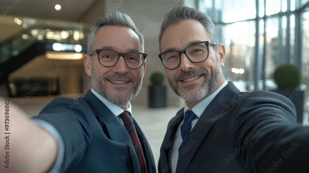 Two middle-aged men in suits smiling for a selfie. Two middle-aged men in suits smiling for a selfie.
