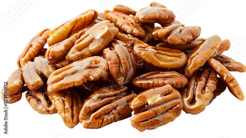 A pile of caramel-coated pecans with a transparent background.