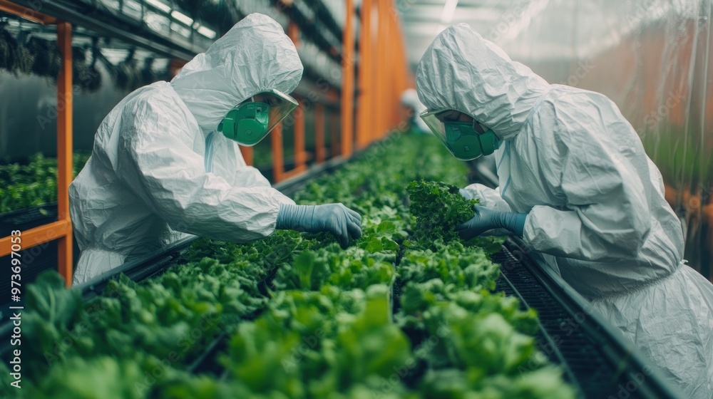 Two workers in protective suits inspecting lettuce in a greenhouse. Two workers in protective suits inspecting lettuce in a greenhouse.