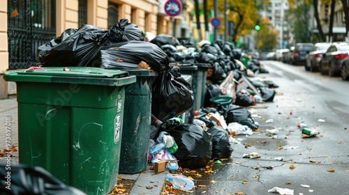 Full Garbage Bin and Black Plastic Trash Bags Surrounding an Overflowing Recycling Container with Trash – Green Recycle Can – Street Dump Pollution, Bin Container Pile, Trashcan Basket – Vector 