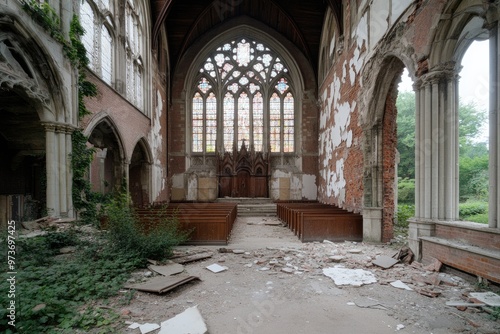 Eerie silence: abandoned, ancient castle standing in desolate gloom, its crumbling walls, dark corridors filled with haunting echoes of forgotten stories, mysterious shadows. photo