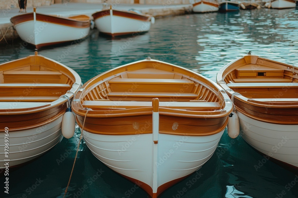 Row of Wooden Boats Docked in Calm Water Row of Wooden Boats Docked in Calm Water