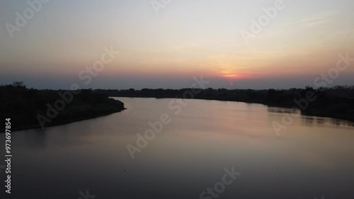 Panoramic aerial video of the Bengawan Solo River at sunset.