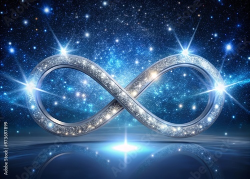 A bright, shimmering silver infinity symbol set against a deep blue starry night sky, surrounded by soft, glowing