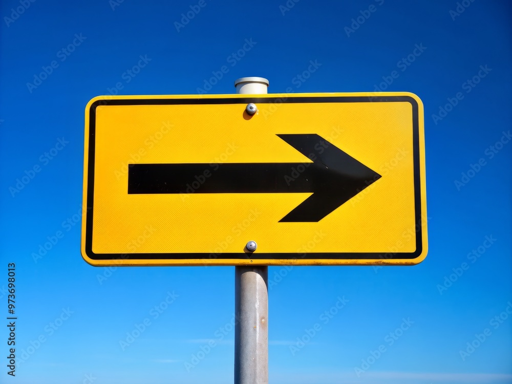 A bright yellow arrow sign with bold black text points towards the right, mounted on a white pole A bright yellow arrow sign with bold black text points towards the right, mounted on a white pole