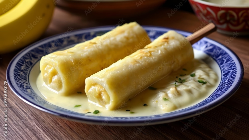 Delicious dessert Banana rolls with creamy sauce Delicious dessert Banana rolls with creamy sauce