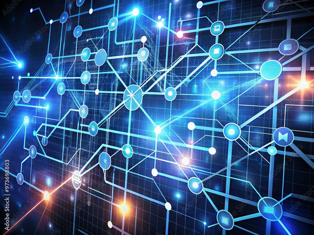 Abstract digital illustration of interconnected nodes and arrows forming a dynamic flowchart, conveying complexity and Abstract digital illustration of interconnected nodes and arrows forming a dynamic flowchart, conveying complexity and