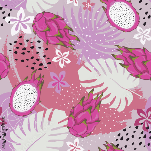 Cute seamless vector pattern of dragon fruit on a purple background with exotic leaves. Perfect for wallpaper, food wrapping paper, fabric, background etc.