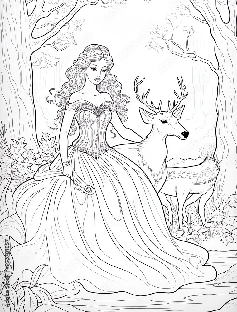 Fototapeta premium Coloring page of a beautiful princess in an enchanted forest, with long hair and a gown, accompanied by deer or rabbits
