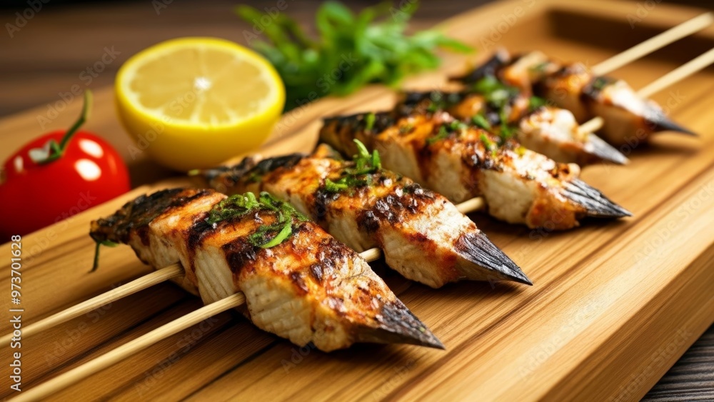 Grilled skewers with lemon and herbs ready to serve Grilled skewers with lemon and herbs ready to serve