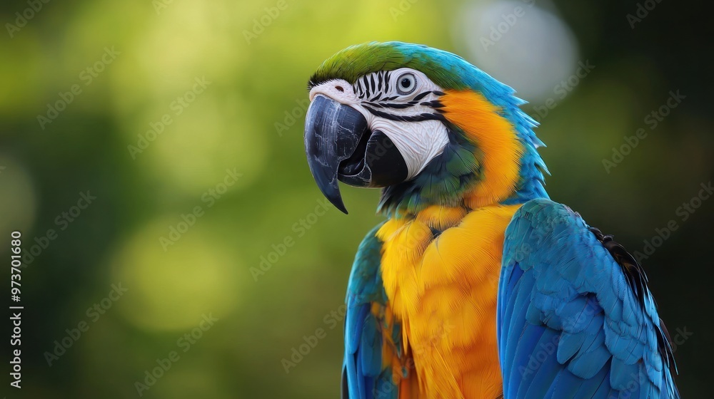 Close-up portrait of a vibrant blue and yellow macaw parrot against a green blurred background. Close-up portrait of a vibrant blue and yellow macaw parrot against a green blurred background.