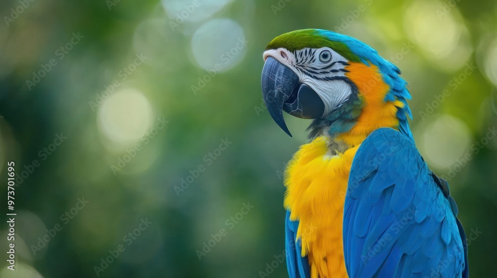 A vibrant blue and yellow macaw parrot sits with its head turned slightly to the side, against a backdrop of green and white bokeh. A vibrant blue and yellow macaw parrot sits with its head turned slightly to the side, against a backdrop of green and white bokeh.