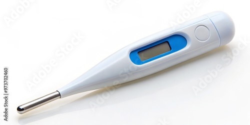 A clinical digital thermometer with a bright blue backlit LCD display shows a high temperature reading, encased in