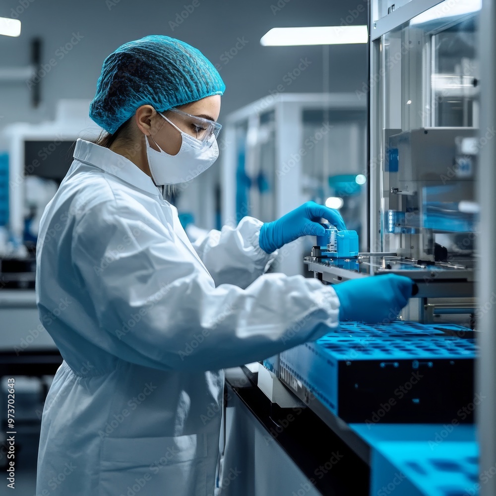 Naklejka premium Technician inspecting medical devices for compliance with safety standards, medical device QC, healthcare quality control