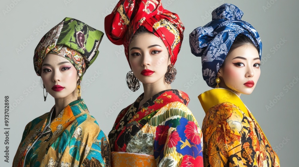 Fototapeta premium Three women wearing colorful headscarves and kimonos with dramatic makeup.