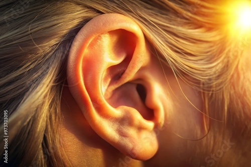 A close-up of a human ear, showcasing the intricate details of the outer ear, ear canal, and eardrum, photo