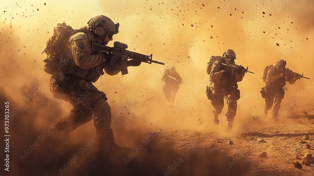 Modern soldiers in full combat gear advancing through a dusty ...
