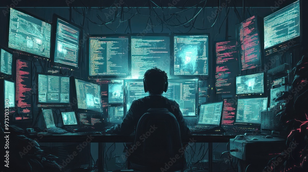 An illustration of a hacker in a dark room surrounded by glowing computer screens filled with code An illustration of a hacker in a dark room surrounded by glowing computer screens filled with code
