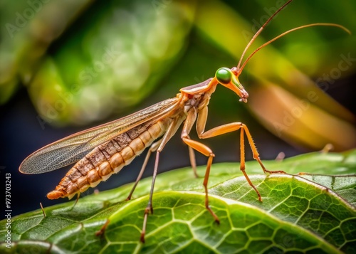 A close-up of a mantidfly, also known as mantispidae, perched on a leaf, showcasing its delicate lace-like wings photo