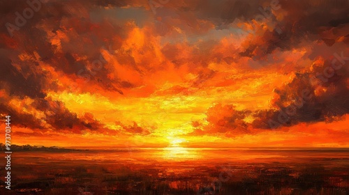 A fiery sunset with thick clouds and a horizon of water and land painted with brushstrokes.