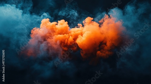 Abstract smoky background with blue and orange smoke clouds on black backdrop.