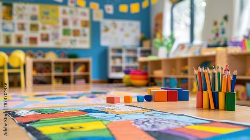 Colorful pencils, blocks, and drawing on a table in a kindergarten classroom.